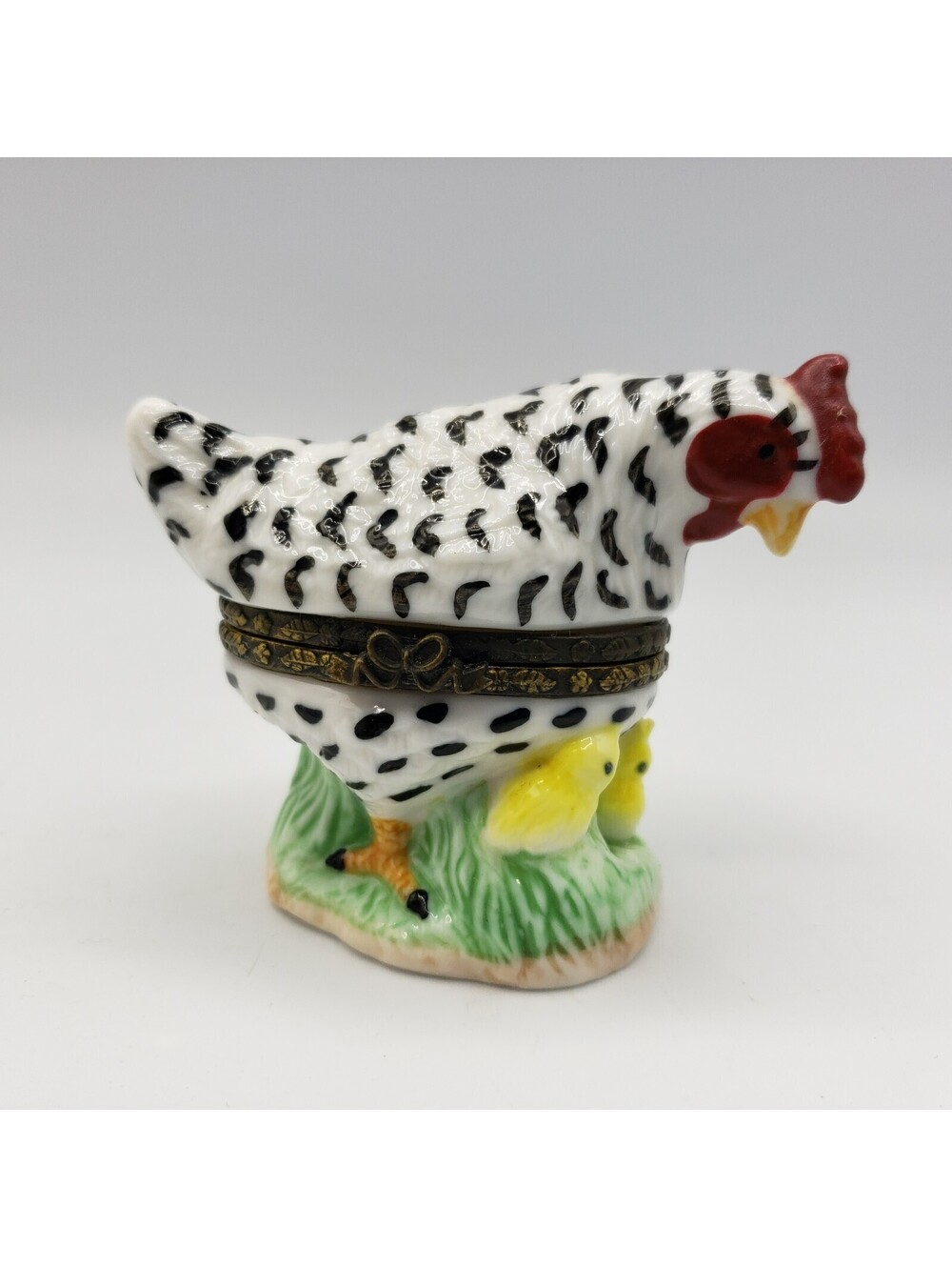 Porcelain Trinket Box Chicken Hen with Chicks Black & White Hinged Lid